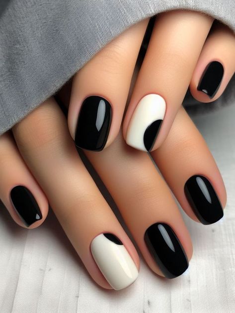 A minimalist black and white nail design with negative space accents Black And With Nails, Black And White Nails Classy, Black Nails Minimalist, Black And White Nails Dip, Black And White Minimalist Nails, Minimalist Nails 2024, Black With White Nails, Black Nails With White Design, Black Toe Nails With Design