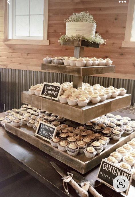 Wedding Cake With Cupcakes Around It, Cupcake And Cake Display Wedding Ideas, Wedding Cake Cupcake Display, Large Cupcake Display, Cupcakes For Wedding Reception, Cake With Cupcakes Display, Boho Cupcakes Wedding, Cake And Cupcakes Wedding, Wedding Cupcakes Display