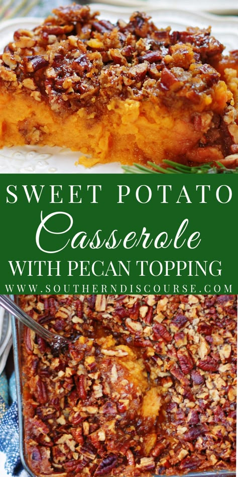 Sweet Potato Casserole with Pecan Topping - southern discourse Sweet Potatoes Casserole With Pecans, Sweet Potato Casserole Southern, Aesthetic Landscape Wallpaper, Pecan Streusel Topping, Southern Discourse, Potatoes Casserole, Thanksgiving Tradition, Sweet Pot, Best Sweet Potato Casserole