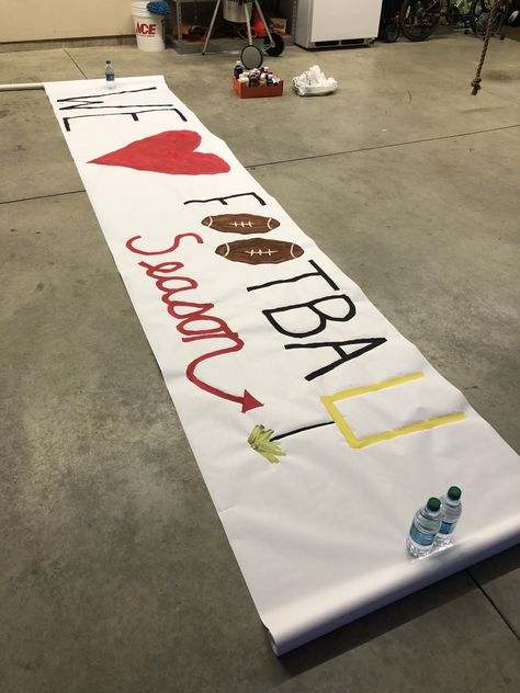 We Love Football Season Football Banner Beat The Bulldogs Football Signs, Football Banner Ideas, Hoco Decor, Football Game Signs, School Spirit Ideas Pep Rally, Run Through Signs, Cheer Banners, Cheerleading Signs, Hoco Posters