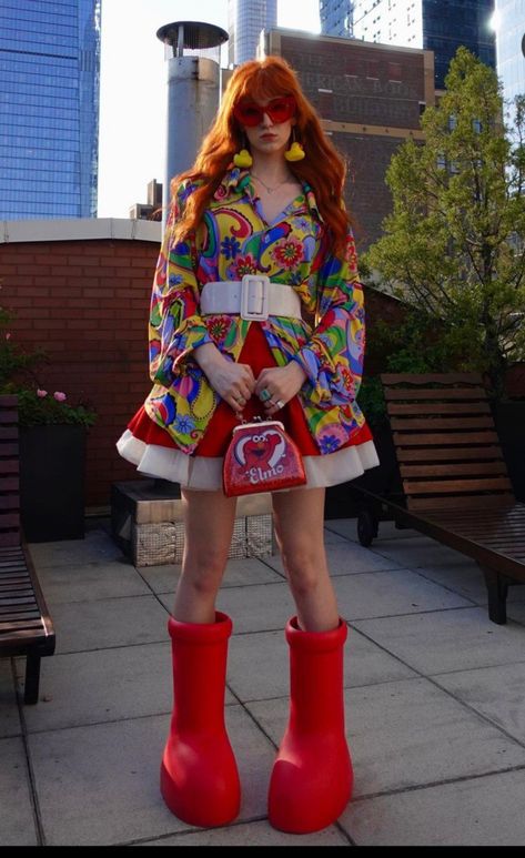 Colorful maximalist outfit red petticoat clowncore Crazy Cool Outfits, Different Kinds Of Fashion Style, Loud Fashion Style, Funky Outfit Inspiration, Cartoon Fashion Inspired Outfits, Plus Size Artsy Fashion, Thrifted Maximalist Outfits, Weird Style Fashion, Maximalist Fashion Aesthetic