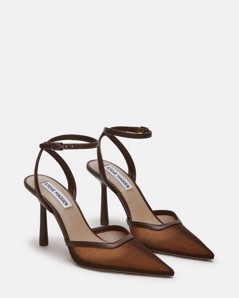 ALLIANCE Mesh Brown Pointed Toe Pump | Women's Heels – Steve Madden Fairy Heels Shoes, Brown Tan Boots, Winter Dressy Shoes, Brown Pointed Heels Outfit, Cute Brown Heels, Heels With Stockings On, Brown Heel Sandals, Classy Women Shoes, Shoes To Wear With Brown Dress