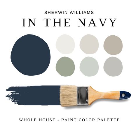 The PDF contains EVERYTHING you need to KNOW about Sherwin Williams IN THE NAVY! It includes a list of complementary Sherwin Williams Paint Colors that can be used to pair with SW IN THE NAVY. This is a PREPACKAGED Color Palette Selection Listing that includes the Sherwin Williams NAVAL color recommendations for walls, ceilings, trims, moldings, doors, and window frames - for your WHOLE HOUSE.  This is a *digital download* PDF that contains 37 pages total of information to assist you with quick and easy color selections in your home. It also includes the material color palette (satin brass, matte black, polished chrome, wood stains, or copper that resonates with the color palette) and fabric color palette (color and material of the fabric on the furniture). There is also a list of specific Navy Blue Mantle Fireplace, Navy Blue And White Kitchen Cabinets Paint Colors, Navy Blue Color Scheme Bathroom, Navy And Grey Paint Scheme, Black White Navy Blue Color Palette, Paint Colors That Go With Navy Cabinets, Navy Blue Beige Color Palette, Navy Blue Paint Palette, Colors That Go Well With Navy Blue