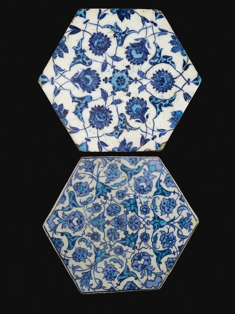 (#111) Two Iznik Blue, White and Turquoise Hexagonal Tiles, Turkey, first half 16th century Hexagonal Tiles, Iznik Tile, Large Tile, European Paintings, Hexagon Tiles, Ottoman Empire, Printing Business, Art Old, Art Exhibitions