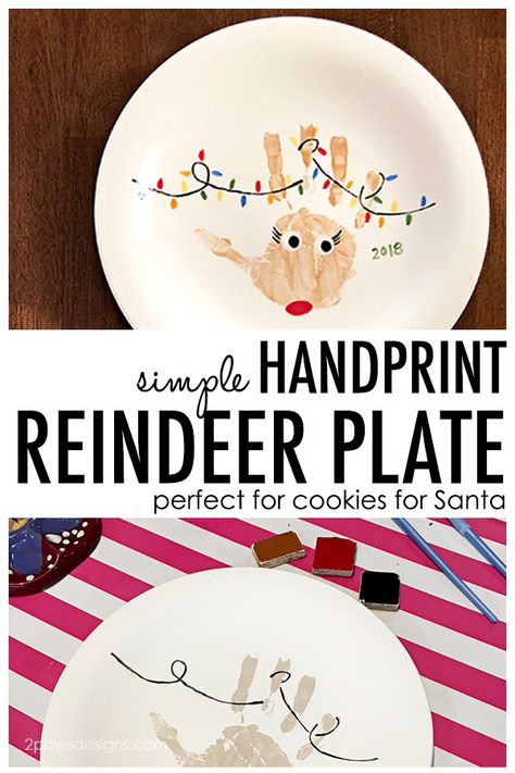 Santas Cookie Plate Diy, Christmas Plates Kids, Reindeer Plates, Diy Christmas Plate, Handprint Reindeer, Plate For Santa, Santa Camera, Baby Christmas Crafts, Reindeer Plate