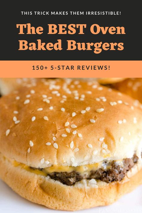 burger on a seeded bun with cheese melted Burgers In The Oven Easy Recipes, Oven Baked Hamburger Patties Ground Beef, Homemade Hamburgers In Oven, Hamburgers Cooked In The Oven, Ways To Cook Hamburger Patties, Oven Baked Hamburgers And Onions, How Long Do You Bake Hamburgers In The Oven, Hamburgers In The Oven Easy, How To Bake Hamburger Patties