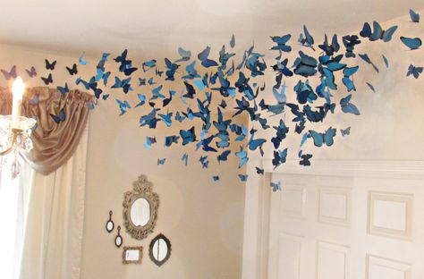 For my daughter’s nursery I wanted to do an Alice in Wonderland theme, but I also wanted to keep it soft and ethereal. I dreamed of  a swarm of blue butterflies! But HOW??? So I set out to ma… Fiftieth Birthday Party Ideas, Iron Wall Candle Holders, Mounted Candle Holders, Butterfly Room, Tertiary Color, Blue Butterflies, Concept Home, Ceiling Installation, Wall Candle Holders