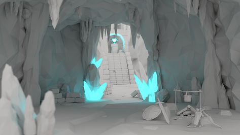 [WIP] Low-Poly Crystal Cave on Behance Crystal Cave Art, Crystal Mine Concept Art, Cave Environment Concept Art, Gem Cave, Cave Environment, Low Poly Crystal, Glowing Crystal Cave, Witch Hut, Game Level Design