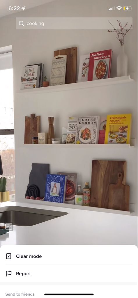 Recipe Book Shelf Kitchen, Cookbook Display Shelf, Cook Book Shelf Ideas, Cook Book Storage In Kitchen, Kitchen Recipe Book Display, Cookbook Wall Display, Cookbooks In Kitchen Displaying, Kitchen Bookshelf Ideas, Cookbook Wall