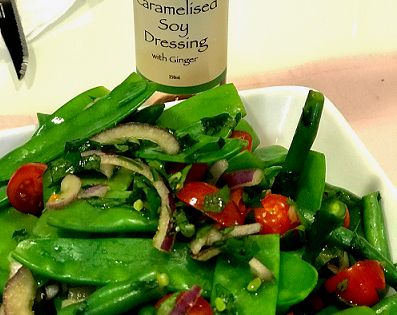 Snow Pea Salad with Caramelised Soy and Ginger Dressing Snow Pea Salad Recipe, Snow Pea Salad, Snow Pea, Ginger Dressing, Pea Salad, Snow Peas, Spanish Onion, Bag Green, Fresh Parsley