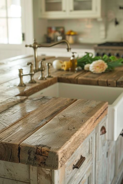 Choose the Perfect Countertops for Your Farmhouse Kitchen - Quiet Minimal Farmhouse Kitchen White Cabinets Wood Countertops, Raw Wood Countertop, Farm Style Small Kitchen, Rustic Countertop Ideas, Diy Farmhouse Countertop, Kitchen Design Farmhouse Modern, Raw Wood Countertops, Barn Board Kitchen Island, Vintage Kitchen Countertops