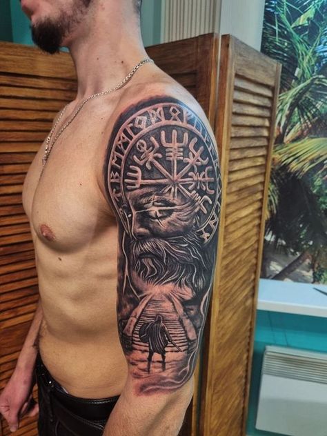 Viking Sleeve, Half Sleeve Tattoo Upper Arm, Norwegian Tattoo, Valhalla Tattoo, Viking Warrior Tattoos, Warrior Tattoo Sleeve, Gladiator Tattoo, Viking Tattoo Sleeve, Men Tattoos Arm Sleeve