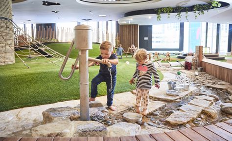 Outstanding Nursery Environment, Biophilic Playground, Playway School Interior, Play School Interiors Kindergarten, Kindergarden Playground Architecture, Indoor Playground Design, Daycare Design, Daycare Decor, Kids Cafe