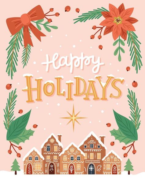 Happy holidays, greeting card with cute gingerbread houses and hand drawn lettering. Vector illustration in flat cartoon style Happy Holidays Graphic, Happy Holidays Design, Happy Holidays Typography, Seasons Greetings Design, Happy Holidays Illustration, Gingerbread House Illustration, Cute Gingerbread Houses, Happy Holidays Lettering, Happy Holidays Card Design