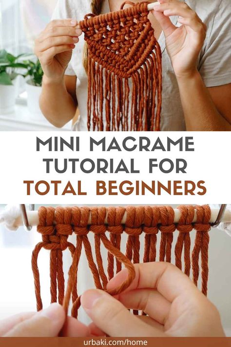 We wanted to share with you this tutorial on how to make a mini macrame wall hanging! This is a very beginner friendly project, even if you've never done macrame before doing this! You will need the following materials: 3 or 4mm single strand macramé cord, 42 feet of cord total, a 6-inch stick or wooden dowel. For the main section: cut 10 ropes, each 4 feet long For the Hanging Rope Cut 1 rope, 1 1/2 - 2 feet long. The truth is that it is much simpler than it seems. Macrame On Stick, Macrame Wall Hanging Pattern Free, Small Macrame Projects, Diy Macrame Plant Hanger Easy, Mini Macrame Wall Hanging, Macrame Wall Hanging Tutorial, Free Macrame Patterns, Simple Macrame, Macrame Knots Tutorial