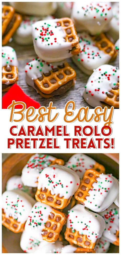 White Chocolate Pretzel Rolo Bites - The Baking ChocolaTess Pretzel Flavors, Holiday Pretzel Treats, Rolo Pretzel Treats, Pretzel Rolo, Caramel Pretzel Bites, Holiday Pretzels, Finger Food Ideas, Christmas Pretzels, Easy Christmas Candy Recipes