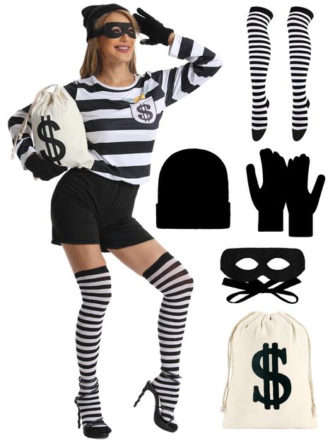 PRICES MAY VARY. - Whether you're looking to be serious or silly, this WATCPNO robber girl costume guarantees you'll make an impression. - With this bank robber costume set, you can look just like your fave Hamburglar costume - the perfect choice for any girl's night out. - Show everyone who's boss and be the ultimate women robber costume adult with this 6-piece set. - Pull off the perfect "cops and robbers" costume with this burglar costume women set - it's perfect for Halloween or cosplay them Bank Robber Family Costume, Teenage Group Halloween Costumes, Women Halloween Costume Scary, Target Worker Costume, Bank Robbers Halloween Costume, Robber Halloween Costume Woman, Cop And Robber Costume Best Friends, Slay Costumes, Halloween Work Costumes