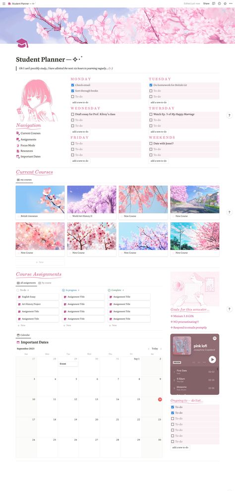 Bullet Journal Homework, School Homework Planner, Student Planner Organization, Notion Inspiration, Study Planner Free, Anime Cherry Blossom, Notion Inspo, Notion Ideas, Student Dashboard