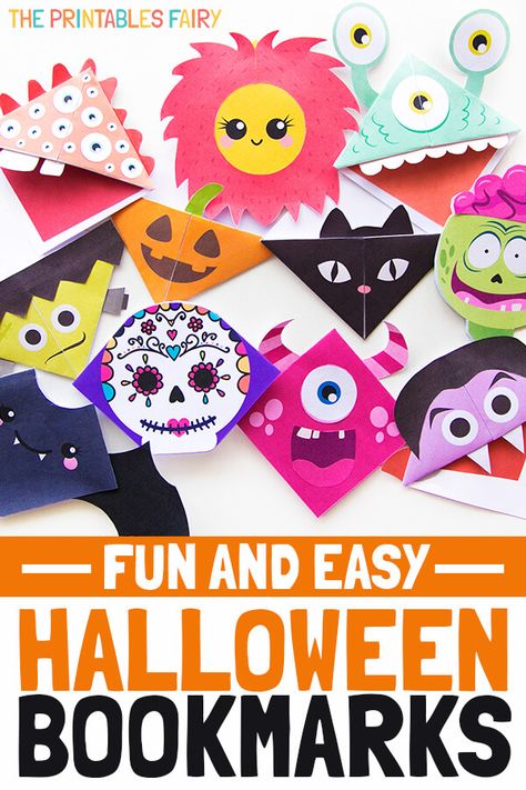 Looking for an easy and fun craft to make with you kids on Halloween? Check out these Halloween Bookmarks! Perfect for school parties and birthday parties. #halloween #halloweencrafts #halloweencraftsforkids Monster Bookmark, Diy Halloween Treats, Classroom Halloween Party, Diy Monsters, Monster Craft, Origami Bookmark, Bookmark Craft, Corner Bookmarks, Halloween Activities For Kids