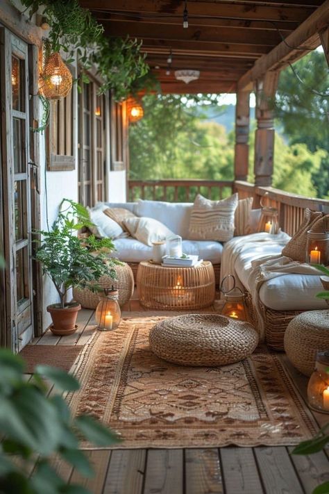 ￼ Boho Yoga Room, Boho Cabin, Yoga Room Design, Boho Balcony, Small Balcony Design, Dream Apartment Decor, Patio Garden Design, Fence Decor, Patio Makeover