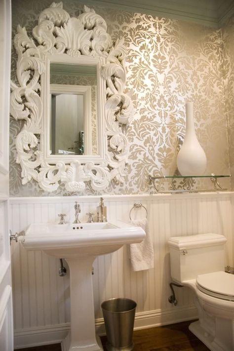 Love the mirror & the damask wallpaper Chic Powder Room, White Beadboard, French Bathroom, Baroque Mirror, Powder Room Design, Rooms Reveal, Powder Rooms, Bathroom Wallpaper, Elegant Home Decor