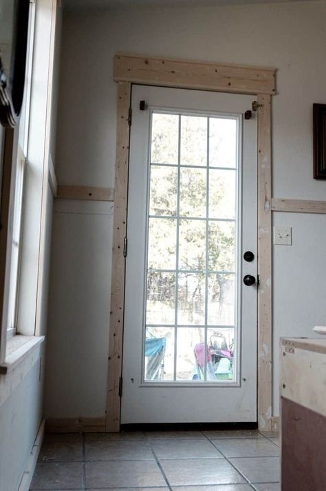 Replacing Trim In House, Cheap Wood Trim Ideas, Cottage Style Trim, Rustic Wood Trim Farmhouse Style, Diy Farmhouse Door Trim, Farmhouse Molding And Trim Wood, Natural Wood Trim Farmhouse, Simple Farmhouse Trim, Simple Farmhouse Door Trim