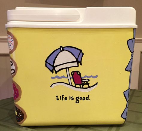 Check out this custom painted frat cooler. Life is good beach side. Frat Cooler Inspiration, Sorority Cooler Ideas, Unique Frat Cooler Ideas, Painting Cooler Ideas, Easy Cooler Painting Ideas, Funny Frat Cooler Ideas, Painted Cooler Ideas, Frat Painting, Beach Frat Cooler