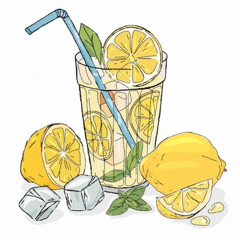 Lemonade With Mint, Lemon Drawing, Food Illustration Art, Water Drawing, Cup Art, Seasons Art, Creative Journal, Tea Art, Food Drawing