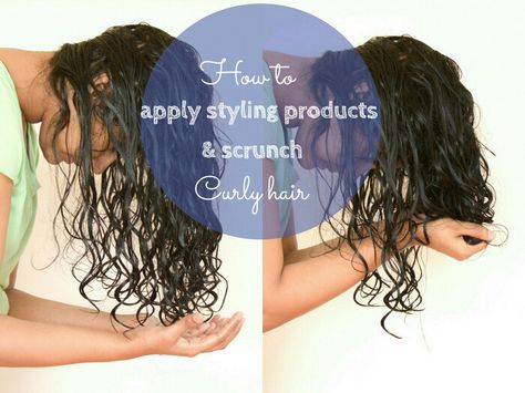 Scrunching is the technique of taking your hair in your palms in sections and crumpling it like you crumple a paper into a ball. This encourages curl definition and adds bounce to curls. Gel Curly Hair, Scrunched Hair, Dry Curly Hair, Hairstyling Products, Curly Girl Method, Slicked Back Hair, Curly Hair Routine, Curly Hair With Bangs, Utila