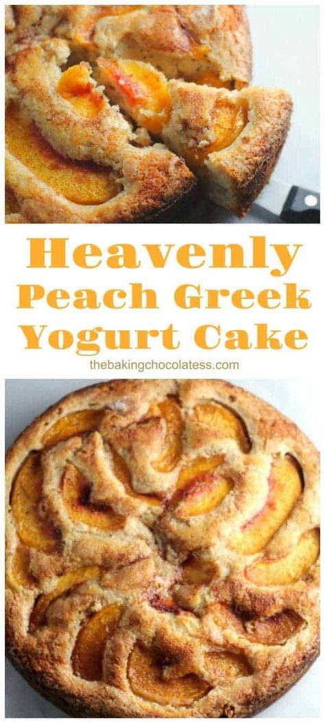 Heavenly Peach Greek Yogurt Cake - Try making this Heavenly Peach Greek Yogurt Cake!  The peach color is so pretty in this cake. It's delicious and could soon be your new family favorite for breakfast, snacking or dessert time. Peach Yogurt Cake, Peach Greek Yogurt, Yogurt Cake Recipe, Greek Yogurt Cake, Peach Desserts, Greek Desserts, Peach Cake, Fresh Peaches, Yogurt Cake