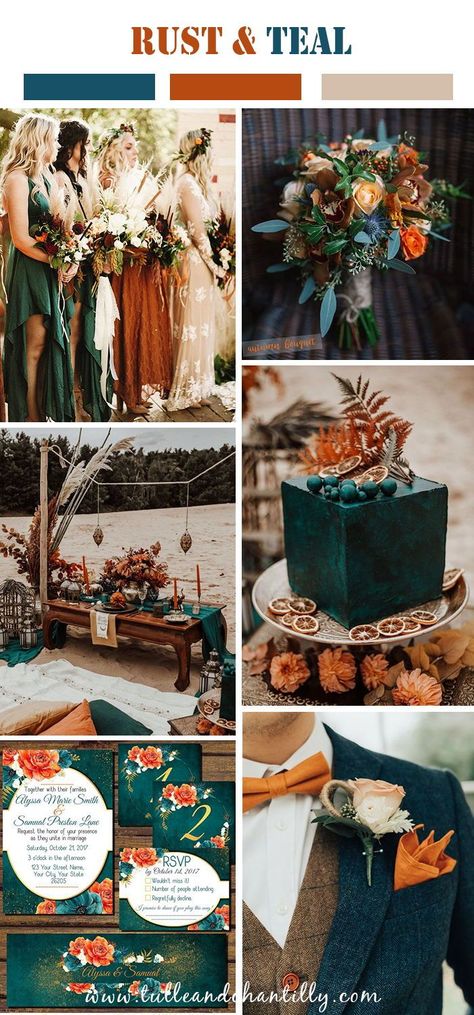 2021 fall wedding color trend, rust and teal wedding color idea#wedding #weddinginspiration ##bridalparty #maidofhonor #weddingideas #weddingcolors #tulleandchantilly #tulleandchantillyweddingblog Boho Wedding Colors, Fall Wedding Color Schemes, Rusting Wedding, Western Themed Wedding, Wedding Color Pallet, Wedding Themes Fall, Teal Wedding, Fancy Wedding, Wedding 2025