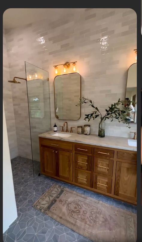 Primary Shower Ideas, Vanity With Center Tower, Double Vanity With Center Tower, Bathrooms With Walk In Showers, Walk In Showers, Master Bathrooms, Primary Bathroom, Wood Vanity, Home Reno