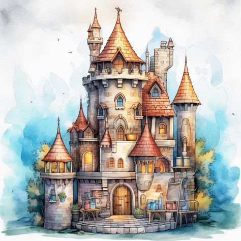 Fairy Castle Drawing, Fairytale House Drawing, Watercolour Fantasy Art, Fairytale Cottage Aesthetic, Fairy Tail House, Fairy Tale Pictures, Fairy Tale Aesthetic, Fairy Castles, Watercolor Castle