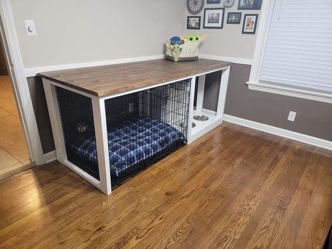 Dog Bed Table Diy, Diy Dog Kennel Indoor Easy, Bedroom Dog Crate Ideas, Dog Cage In Bedroom, Small Dog Cage Ideas Indoor, Bed With Dog Kennel Underneath, Dog Set Up In Apartment, Diy Dog Crate Cover, Pet Crate Furniture