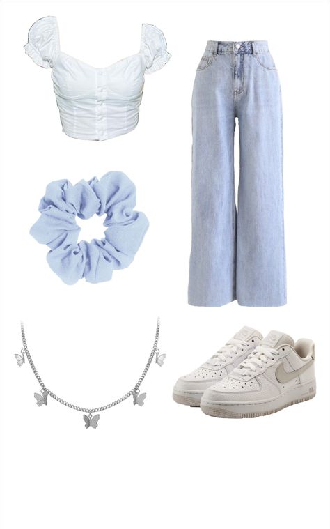 Sky Blue Aesthetic Outfit, Sky Aesthetic Outfit, Light Blue And White Outfit Aesthetic, Cinderella Casual Outfit, Cute Blue And White Outfits, Sky Blue Outfit Aesthetic, White And Blue Aesthetic Outfit, Blue And White Outfit Ideas For Party, Blue And White Clothes Aesthetic