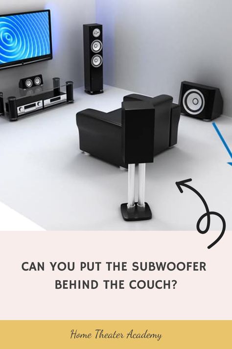 Home theater setup with speakers, couch, and subwoofer positioned behind the couch. In Home Theater, Audio Waves, Home Theater Sound System, Behind The Couch, At Home Movie Theater, Subwoofer Box, Room Acoustics, Home Theater Rooms, Theatre Room