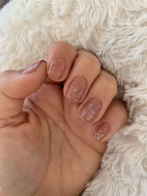 50 Short Nail Gel Manicure Ideas to Inspire You Bridesmaid Nails Glitter, Natural Nail Color With Glitter, Glitter Nails Neutral, Neutral Nail With Glitter, Blush Sparkle Nails, Neutral Glitter Nails Acrylic, Short Square Nails Sparkle, Classy Glitter Nails Short, Sparkly Tan Nails