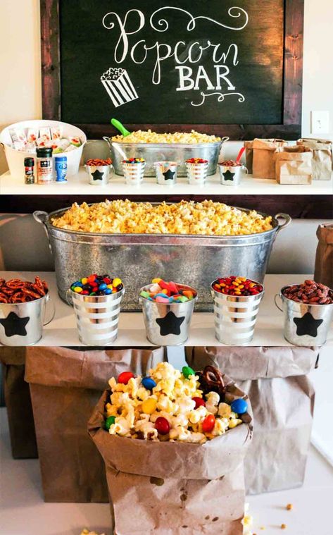 Teen Movie Night, Party Food Bars, Backyard Movie Party, Movie Night Food, Movie Night Popcorn, Movie Night Birthday Party, Movie Birthday Party, Movie Night Snacks, Backyard Movie Nights