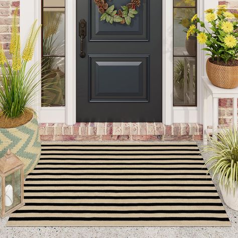 PRICES MAY VARY. Premium Cotton: Ailsan 2.3'X3.6' black and beige outdoor door mat is made of woven cotton fabric, which is soft and comfortable to touch. Sturdy locked edge design, withstand outdoor wind and rain, long time use does not fade, not fall off, not deformed Combined with Welcome Doormat: Ailsan front door rug fits perfectly with the Welcome Mat for a lovely layered look, adding a distinctive glow to your porch. The meticulously woven cotton construction with a unique striped pattern Entry Mat Outdoor, Entryway Fall Decor, Autumn Front Porch Decor, Porch Rugs, Rugs For Entryway, Door Mat Outdoor, Sleeping Nook, Outdoor Entrance, Porch Rug