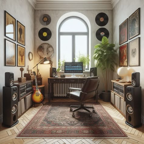 Apartment Recording Studio, Music Room Small Spaces, Office Music Room Ideas, Vintage Music Studio Aesthetic, Music Room Color Ideas, Guitar Home Studio, Home Office Music Studio, Home Studio Inspiration, Music Studio Inspiration