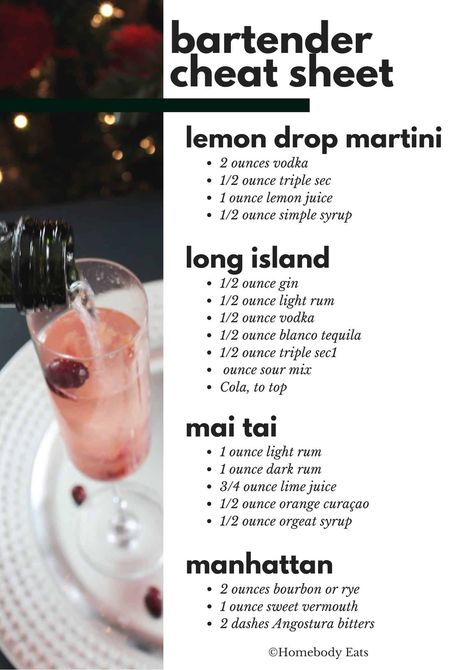 Want to learn some of the most popular cocktail recipes? This master cocktail list includes 45 of the most common bartending recipes. Think of this as your bartending cheat sheet with easy alcoholic drink recipes that you can make at home, for a party, or at the bar. You're going to step up your bartending 101 game with these classic recipes. Essen, Bartender Cheat Sheet, Bartending Basics, Bar Drink Recipes, Drinks Alcohol Recipes Easy, Bartender Recipes, Popular Cocktail Recipes, Bartender Drinks Recipes, Bartending Tips