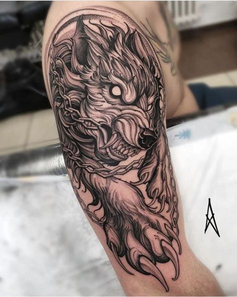 Wolf Tattoo Sleeve Forearm, Norse Wolf Tattoo, Half Sleeve Tattoos Wolf, Hellhound Tattoo, Fenrir Tattoo, Werewolf Tattoo, Wolf Tattoos Men, Totem Tattoo, Wolf Tattoo Sleeve