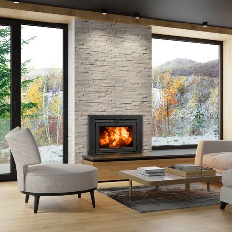 Breathe new life into your outdated masonry fireplace with the Supreme Lumis 32 Steel Wood Burning Fireplace Insert – 23”! This EPA-certified fireplace insert features an innovative baffle design that improves air circulation for increased heating efficiency and combustion. Its patented Automatic Air Control ensures beautifully consistent flames that burn at full capacity while reducing the amount of combustion air needed for ignition. Dual, whisper-quiet, premium-quality blowers maximize warmth Wood Fireplace Insert, Wood Burning Fireplace Insert, Wood Fireplace Inserts, Modern Wood Burning Stoves, Wood Burning Insert, Contemporary Fireplace Designs, Wood Burning Fireplace Inserts, Pellet Stove Inserts, Masonry Fireplace