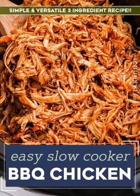 Perfect for a crowd, this slow cooker bbq chicken is made with just 3 simple ingredients! The shredded meat is great piled on a bun, used in quesadillas, salads, pizzas, and more! Crockpot Bbq Pulled Chicken Frozen, Slow Cooker Bbq Chicken Sliders, Shredded Chicken Sliders Crockpot, Slow Cooker Chicken Sliders Recipes, Shredded Bbq Chicken Recipes Crockpot, Easy Bbq Pulled Chicken Crockpot, Pulled Chicken Crock Pot Recipes Bbq, Pulled Chicken For A Large Crowd, Crockpot Shredded Barbecue Chicken