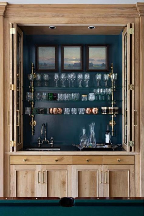 Wet Bar With Doors, Cabinet Door Open, Cabinets That Look Like Furniture, Bar Doors In The House, Retractable Cabinet Doors, Hidden Wet Bar, Home Wet Bar Ideas, Wet Bar Cabinet, Custom Bar Cabinet