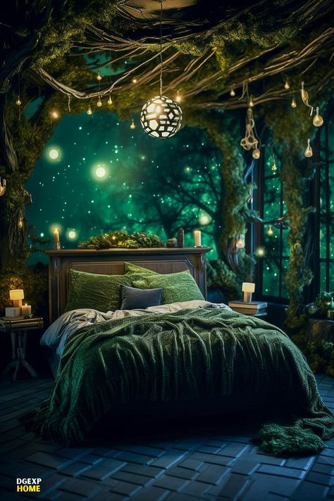 Medium-sized cosmic bedroom with a mystical green and earthy color scheme, featuring forest wall murals, celestial tree decor, and moon phase art, illuminated by a starlight projector. Room Forest, Dark Cozy Bedroom, Woodland Room, Fairytale Bedroom, Forest Bedroom, Dream Bedroom Inspiration, Whimsical Bedroom, Deco Zen, Fantasy Bedroom