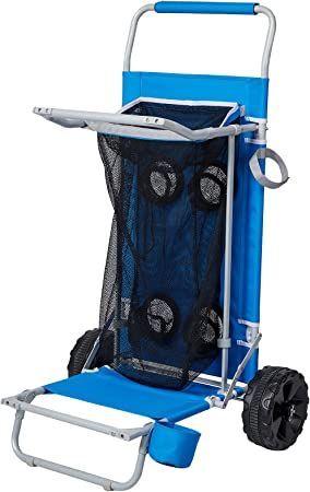 This big wheel folding convertible beach cart has mesh storage and four cup holders.  Its weight capacity is 100 lbs! Diy Beach Wagon Cart, Pvc Beach Cart, Beach Bucket Bag With Large Capacity, Rectangular Shape, Beach Golf Cart, Beach Chairs Portable, Beach Wagon, Beach Cart, Big Wheel, Beach Wears