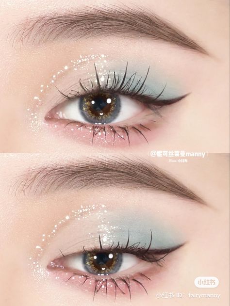 Green Eye Makeup Korean, Nail Korean Style Blue, Blue Korean Makeup, Korean Glitter Eye Makeup, I’m Cold Makeup, Blue Eye Makeup Looks, Kpop Makeup Looks, Pastel Eyeshadow Looks, Douyin Eye Makeup