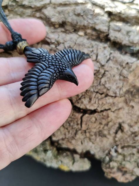 Crow Wings, Raven In Flight, Crow Pendant, Raven Jewelry, Wood Jewelery, Raven Pendant, Wood Carving Designs, Metal Bead, Snake Pendant