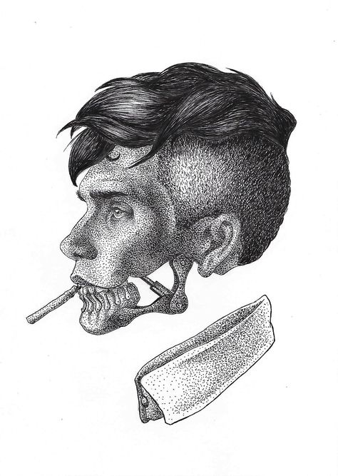 Sketch of a man and half skull Peaky Blinders, Black And White, White, Black